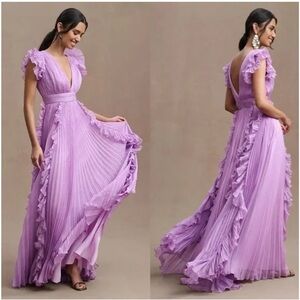 Mac Duggal Pleated Ruffle Cap Sleeves Deep V Neck Gown Lilac Maxi Dress Event